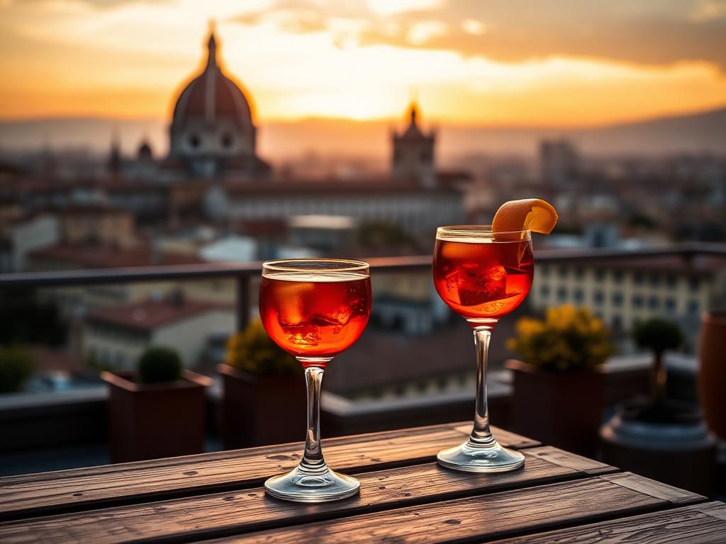 Two aperitivo cocktails on a rooftop terrace overlooking Florence at sunset