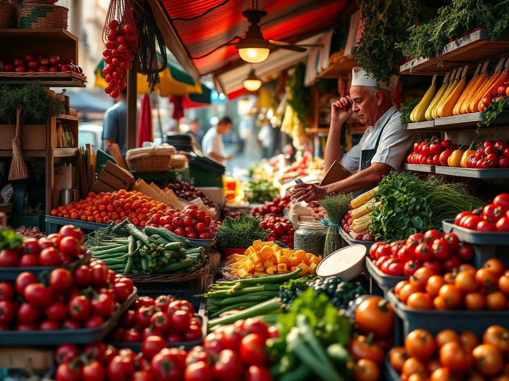 Vibrant Italian street market stall with fresh seasonal produce