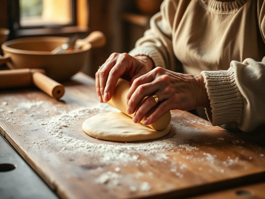 Italian nonna's hands rolling fresh pasta dough on a floured wooden table