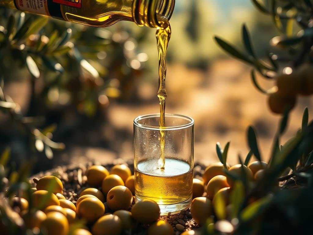 Fresh extra virgin olive oil pouring into a glass surrounded by olives