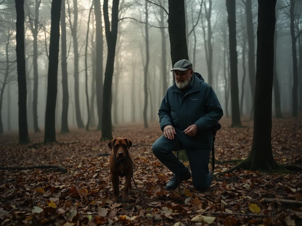Truffle hunter and his trained dog in a misty forest near Alba, Italy