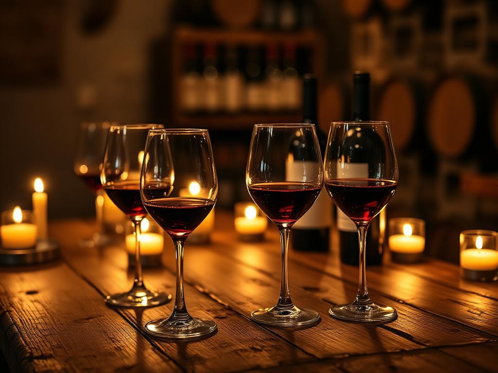Candlelit wine tasting with glasses of red Italian wine in an old cellar