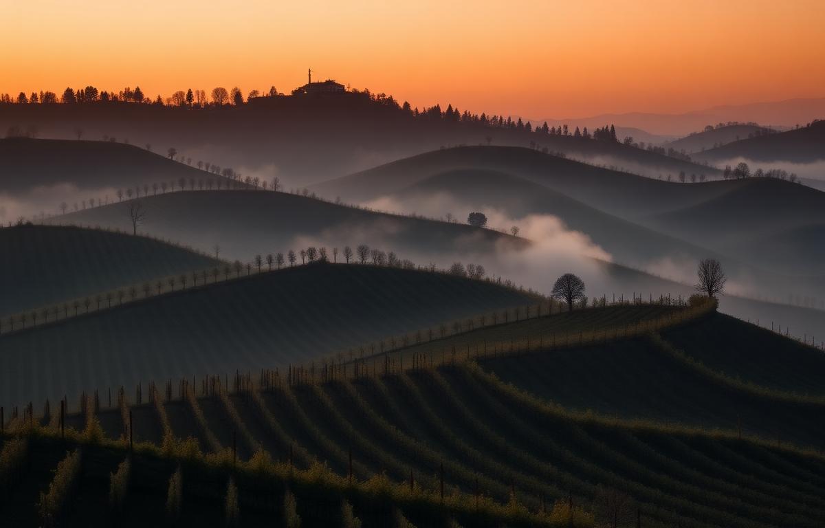 Misty Langhe vineyards at dawn in Piedmont
