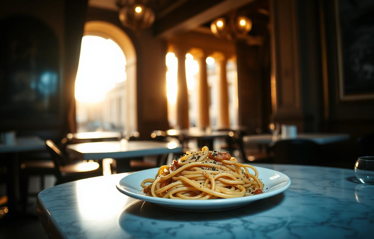 Plate of cacio e pepe in a classic Roman trattoria
