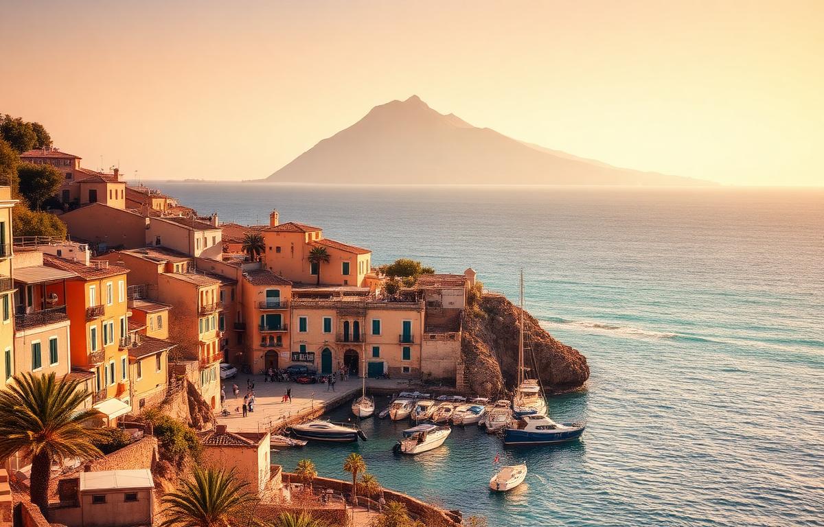 Sicilian coastal village with Mount Etna in the distance