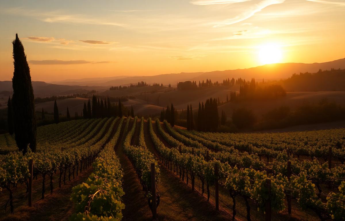 Tuscan vineyards and cypress trees at sunset