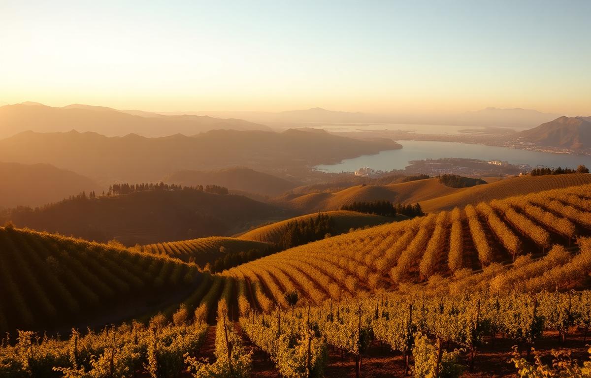 Prosecco hills of Valdobbiadene with Lake Garda in the distance at golden hour