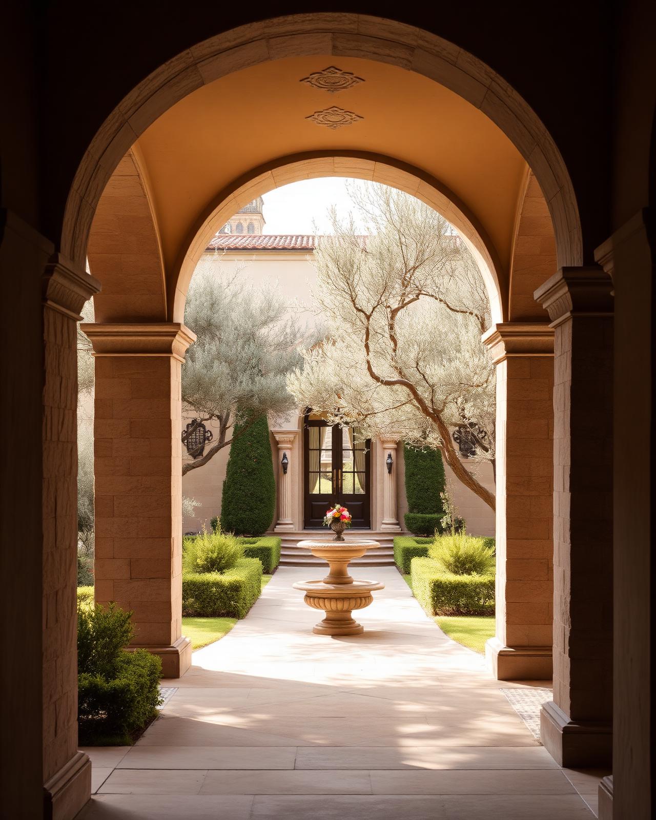 Italian villa courtyard with olive trees