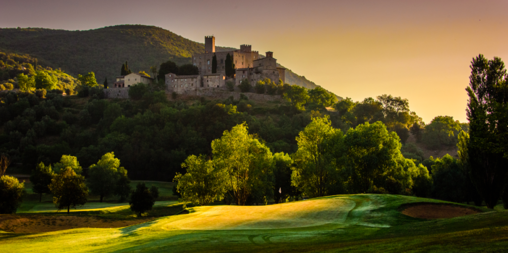 Castello di Antognolla golf course at sunset, Umbria