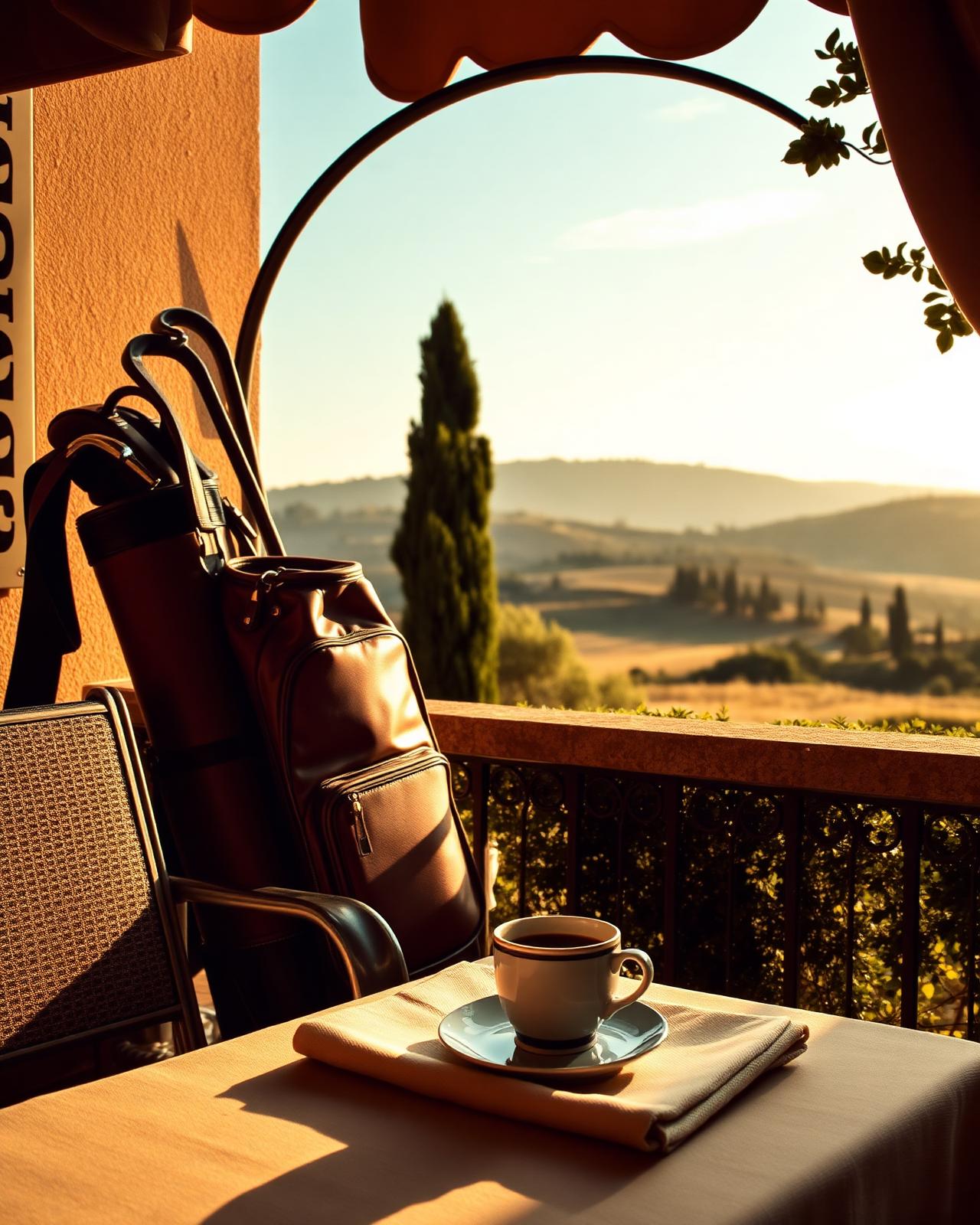 Italian terrace with golf bag and view over Tuscan hills