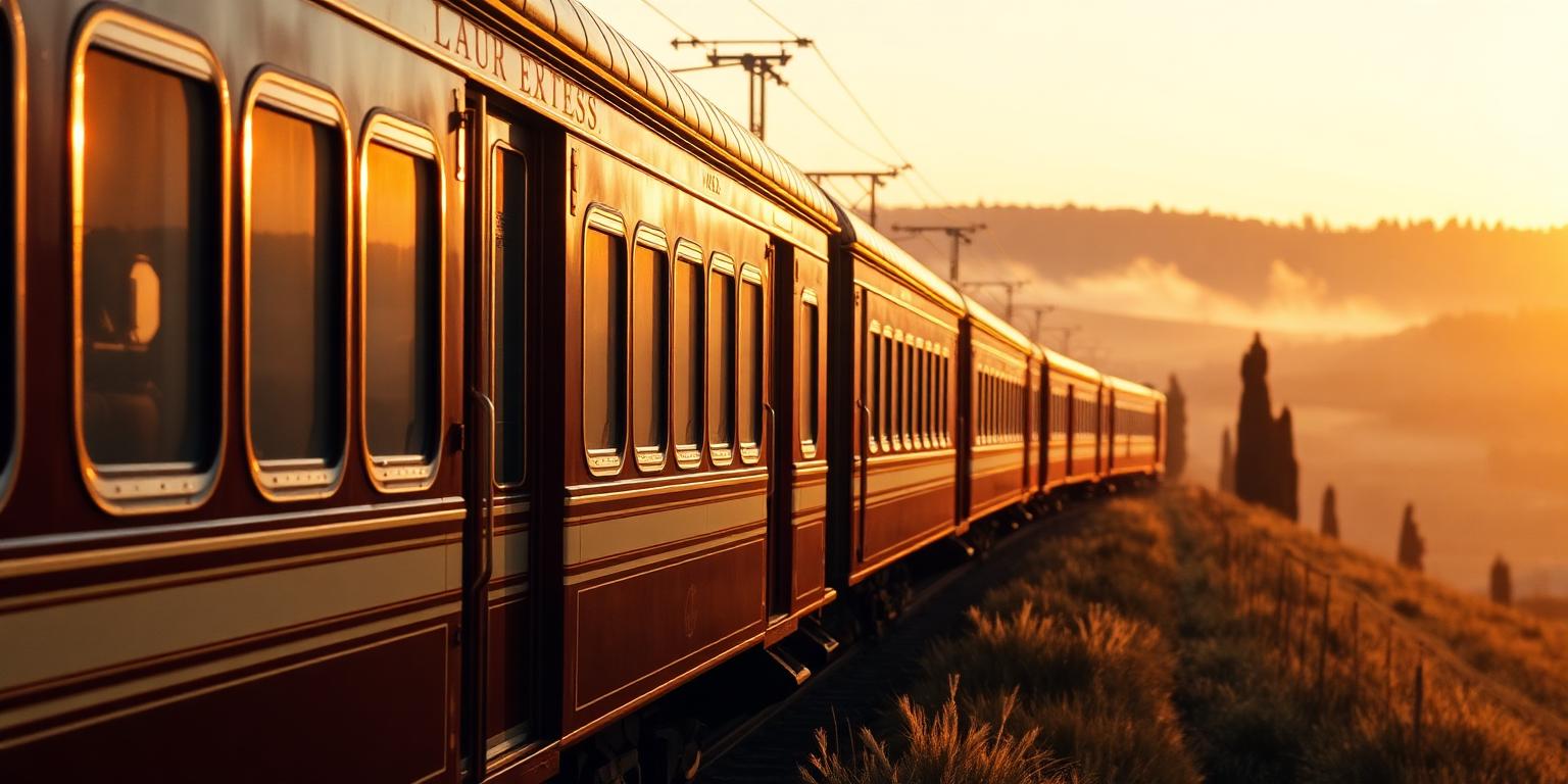 La Dolce Vita Orient Express train through the Italian countryside at golden hour